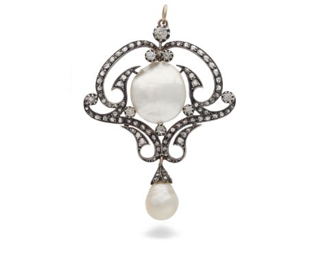 An Art Nouveau pearl and diamond pendant, the scrolled openwork design set with a mabé pearl to a scrolled openwork design se