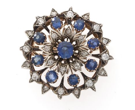 A 19th Century sapphire and diamond brooch, of rosette design with a circular mixed-cut sapphire to centre to an alternating 