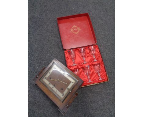 An oak cased Art Deco coronet mantel clock  set of six Polish crystal glasses 