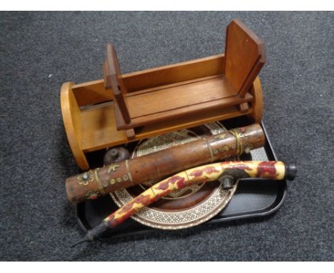 A tray of Eastern mother of pearl plate, Chinese pipe rain making stick, Edwardian book trough