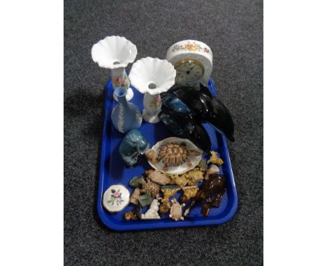 A tray of assorted china, Poole dolphins, Aynsley mantle clock, Wade whimsies, Royal Doulton horse etc  