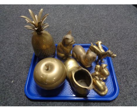 A tray of assorted brass ware, animal figures, boot planter, fruit storage jars 