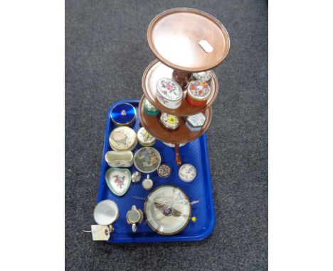 A tray of wooden three tier stand together with a large quantity of assorted trinket boxes, glass drinks stirrers, limoge egg