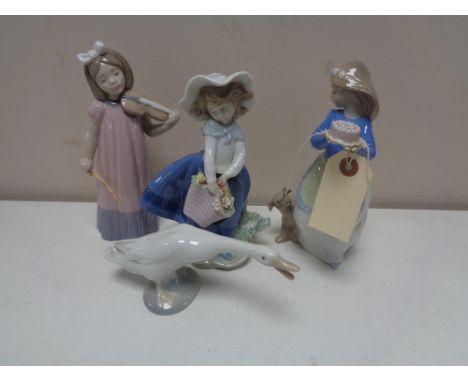 Three Nao figures, girl with basket, etc and a Lladro figure of a goose 