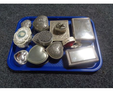 A tray of assorted metal trinket and jewellery boxes. 