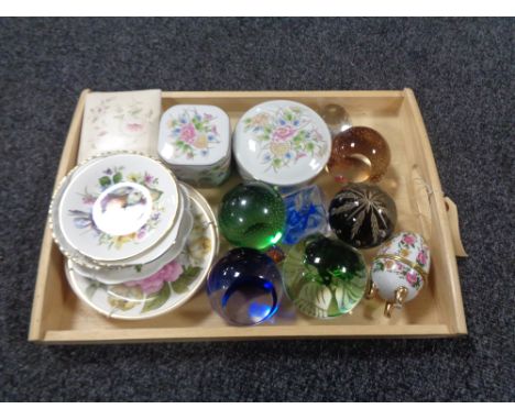 A tray of glass paperweights, china trinket boxes, wall plates - Aynsley 