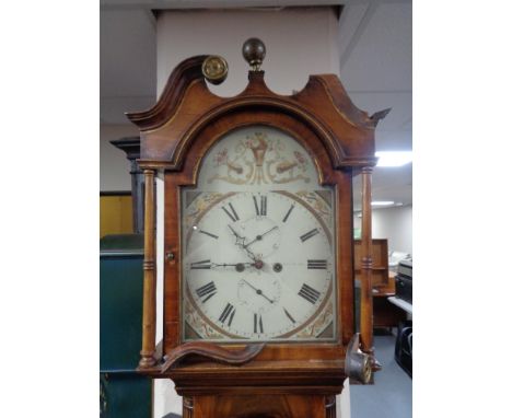 An antique inlaid mahogany longcase clock with painted dial signed Mordue of Edinburgh, with pendulum and weights  CONDITION 