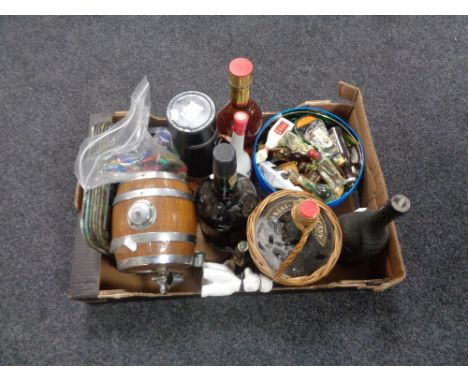 A box of alcohol to include port, Old Smuggler scotch whiskey, miniatures, etc 