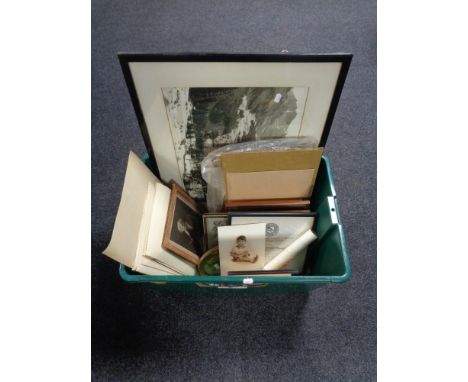 A plastic crate of pictures and prints, monochrome photograph, tapestry trays 