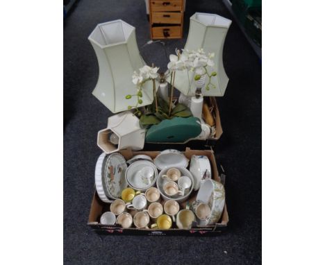 Two boxes of table lamps, Royal Worcester flan dishes, oven dishes etc 