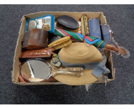 A box of sewing threads, vintage hat, parasol, enamel compact, brushes and mirrors etc  CONDITION REPORT: Compact in good con