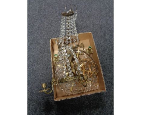 A box of antique brass two way wall sconces with glass drops and a hanging light fitting 