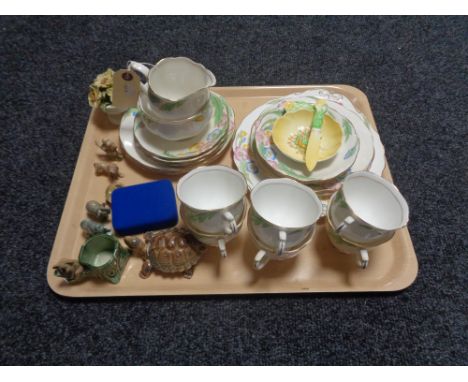 A tray of assorted china to include a twenty Royal Albert Crown china tea service, Wade whimsies, Carlton ware butter dish an