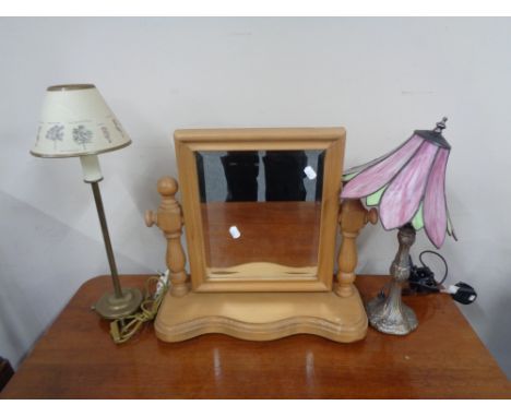 A pine toilet mirror together with a table lamp with glass shade and further lamp 