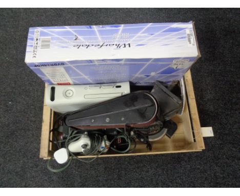 A box of Xbox 360 controller and accessories, bench grinder, dvd player