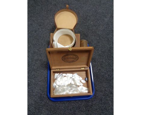 A tray of cigarette box containing mother of pearl, manicure set etc 