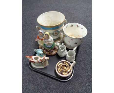 A tray of antique and later china - Staffordshire flat back figure, pair of Portmeirion jugs, twin-handled planter on stand, 
