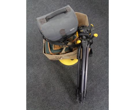 A box of electric shoe polisher, two cam corders, tripod etc 