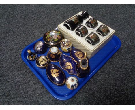 A tray of boxed Japanese sake set, Limoges trinket dishes and pill boxes, etc 