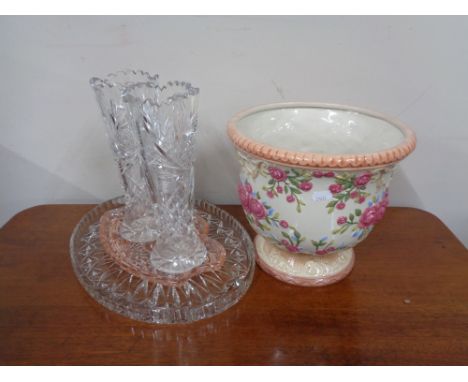 A pair of cut glass vases together with two glass trays, past times china planter 