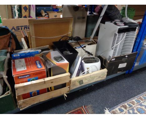 Three boxes of electricals, angle poised lamp, heater, paper shredders etc 