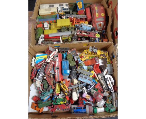 Two boxes of play worn die cast vehicles, Corgi Beatles yellow submarine, Dinky etc 