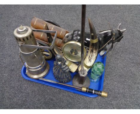 A tray of Shire horse and cart, oil lamp, fire poker, Victorian glass dump etc 