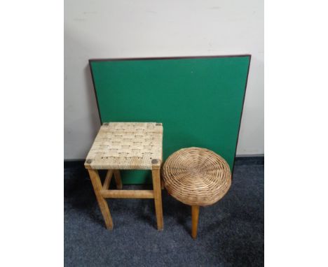 A rush seated stool, wicker stool together with a folding card table 