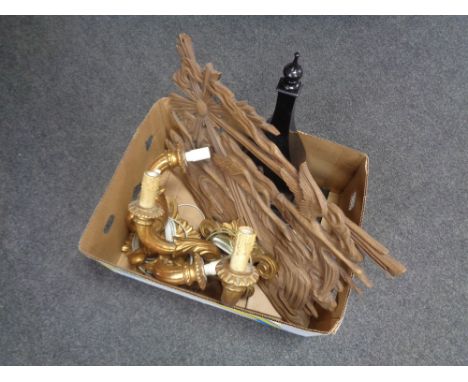 A box of carved wall panel, gilt light fittings, wall sconce 