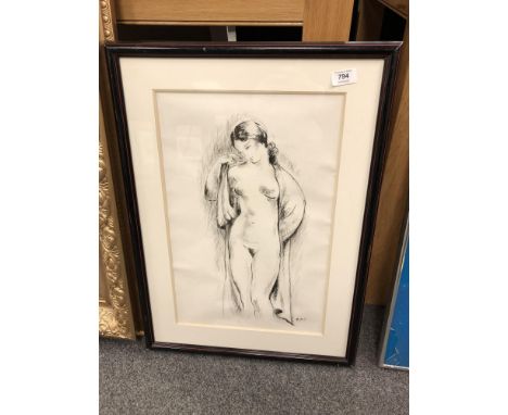 R. Avit : Nude study, pen and ink, 31 cm x 48 cm, framed. 