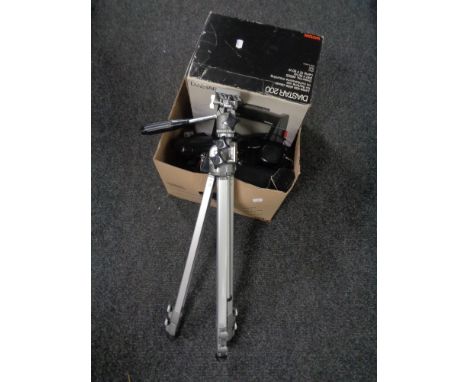 A camera tripod, box of camera equipment including Praktica NTL 3, Helina camera, slide viewer etc 