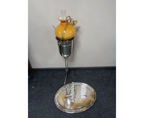 A large silver plated tray together with an ice bucket on stand , kitchen craft meat grinder and an oil lamp 