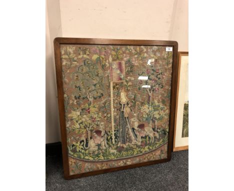Early Twentieth Century School : A lady wearing long robes in a garden, tapestry, 66 cm x 58 cm, in glazed mahogany frame. 