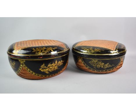 Two Chinese Lacquered and Cane Circular Boxes Containing a Large Quantity of Vintage Buttons etc.