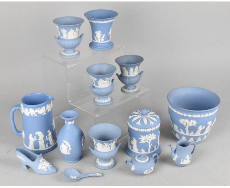 A Collection of Wedgwood Jasperware to Comprise Vases, Miniature Teapot, Caddy Spoon, Jug etc