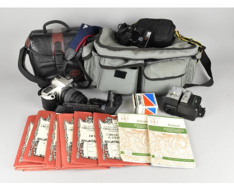 A Collection of Various Cameras and Accessories to Include Canon E0S 500 etc Together with Ordnance Survey Maps