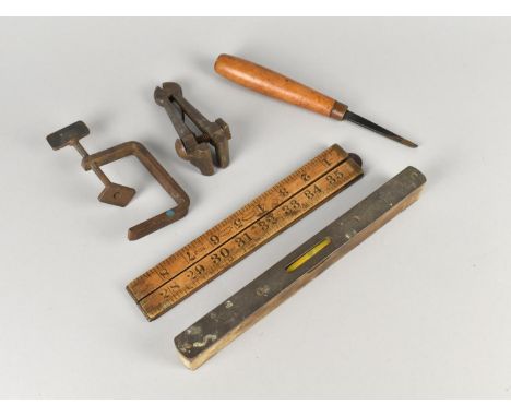 A Collection of Vintage Tools to Include Spirit Level, Folding Rule, Chisel etc.