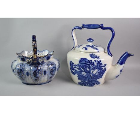 A Large Transfer Printed Blue and White Kettle together with a Foresters Blue and White Ceramic Basket, Kettle 30cm High