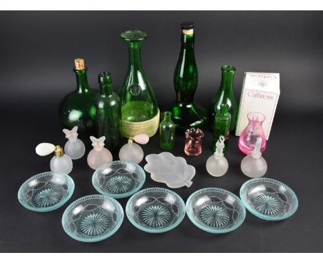 A Collection of Various Coloured Glass to Comprise Green Glass Bottles, Frosted Glass Perfume Bottles, Caithness Vase etc