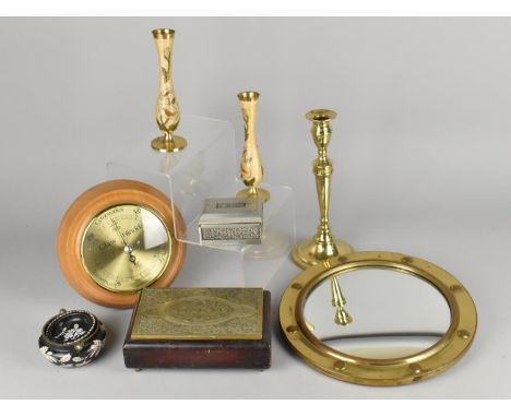 A Collection of Various Items to Comprise Brass Framed Convex Wall Mirror, Box, Candlestick, Enamelled Vases etc