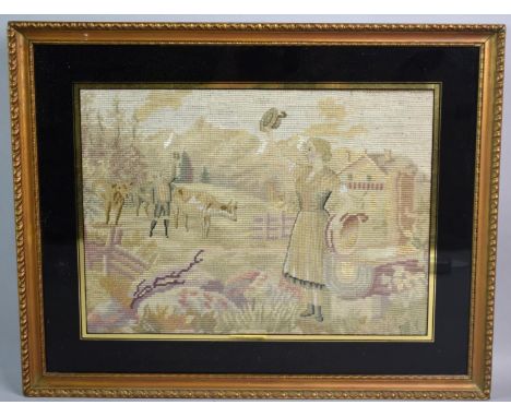 A Framed 19th Century Tapestry Depicting Milkmaid Waving to Farmer, 31 X 22cm, Somewhat Faded