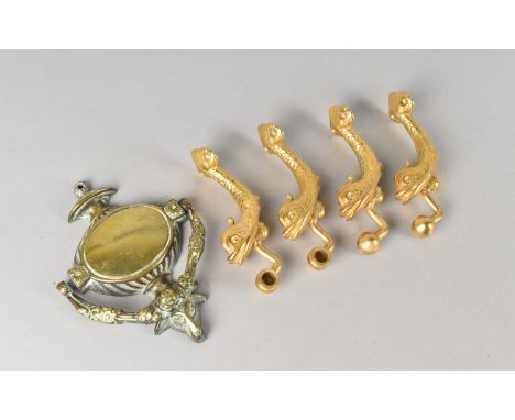 A Vintage Brass Door Knocker Together with Four Modern Gilt Brass Rod Supports in the Form of Dolphins