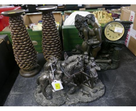 Pair of pinecone form stands, clock and heavy horse ornament