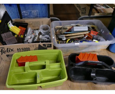 Two boxes of tools, files, hammers, pliers, rawl plugs, storage trays etc