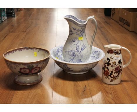 Blue and white floral wash jug and bowl, rum butter bowl and Masons jug