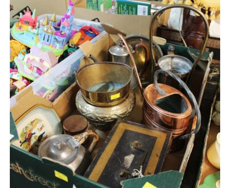 Box of metalware, lockable cash tin, pewter teapot, copper kettle etc 