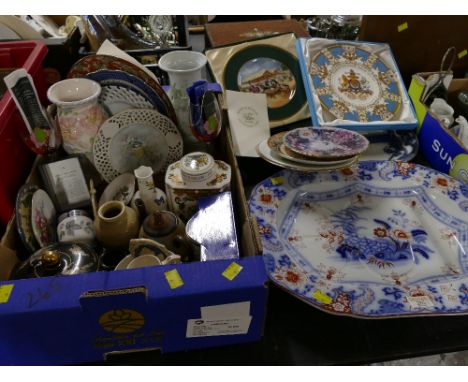 Box of ceramics, collectors' plates, vases, Royal Worcester Jubilee tea jar, ashettes, etc 