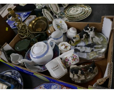 Scales, brass lamp, teapot, collectors' plates, Border Collie figurines etc