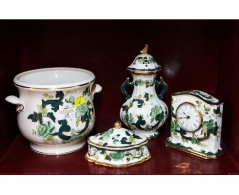 Four Masons Chartreuse pattern trinkets, planter and clock 