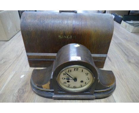 Wooden mantel clock and cased Singer sewing machine 